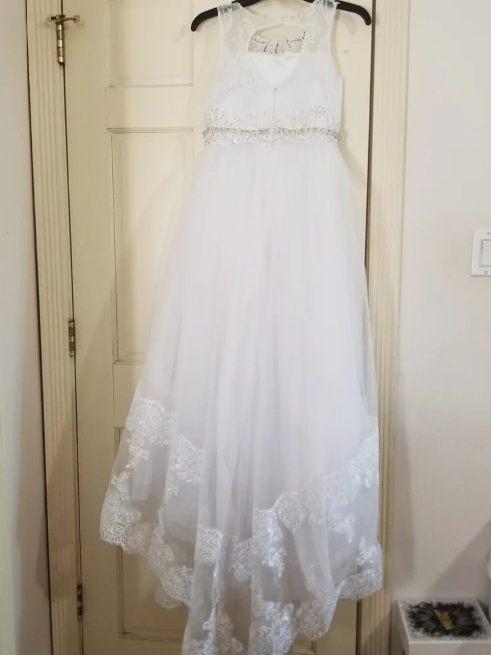 Communion White Lace Flower Girl Dress Butterfly Cape with Bow Size 12 - Picture 2 of 13